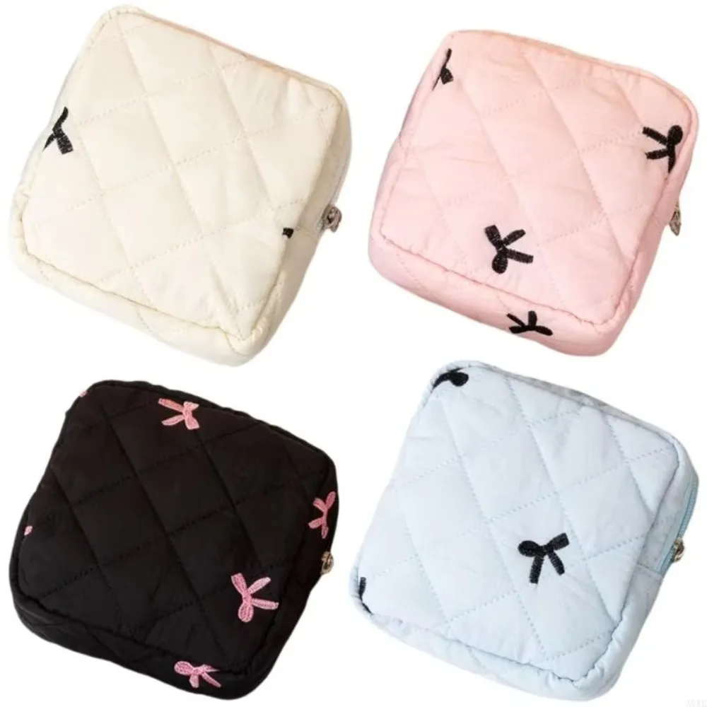 Cute Bow Design Sanitary Napkins Bag Compact & Portable Multipurpose Storage Pouch Zipper Closure Coin Purse