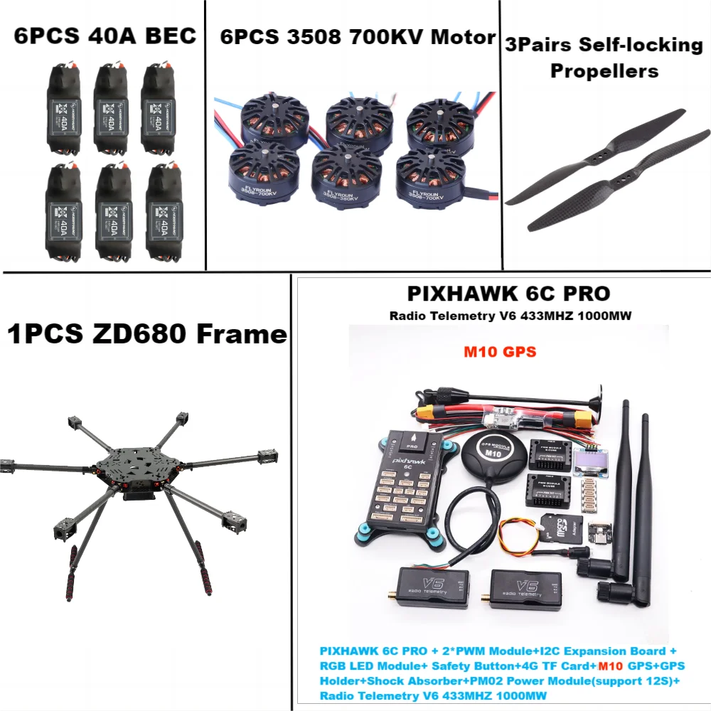 Kit de cadre HGouopter à bras pliable entièrement en fibre de carbone, PIXHAWK avec train d'atterrissage non flottant, bras hexa-rotor, ZD680 6C PRO M10