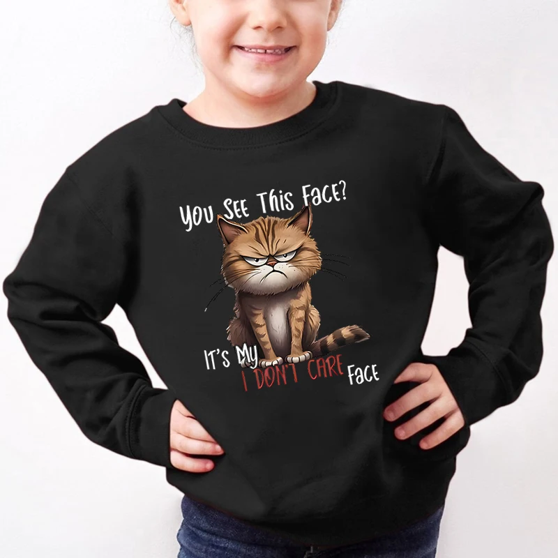 Funny Cat Hoodies You See This Face It's My I Don't Care Face Print Girls Boys Cartoon Sweatshirts Kids Harajuku Cat Sportswear