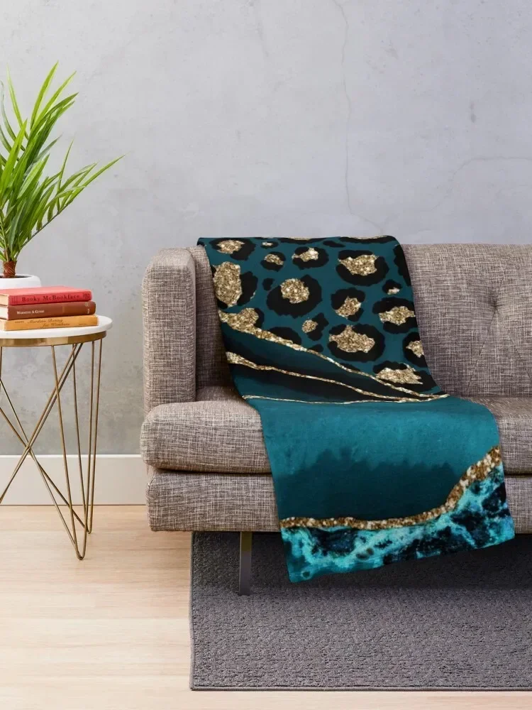 Teal & Gold Leopard Agate Throw Blanket Decorative Sofas Polar Blankets