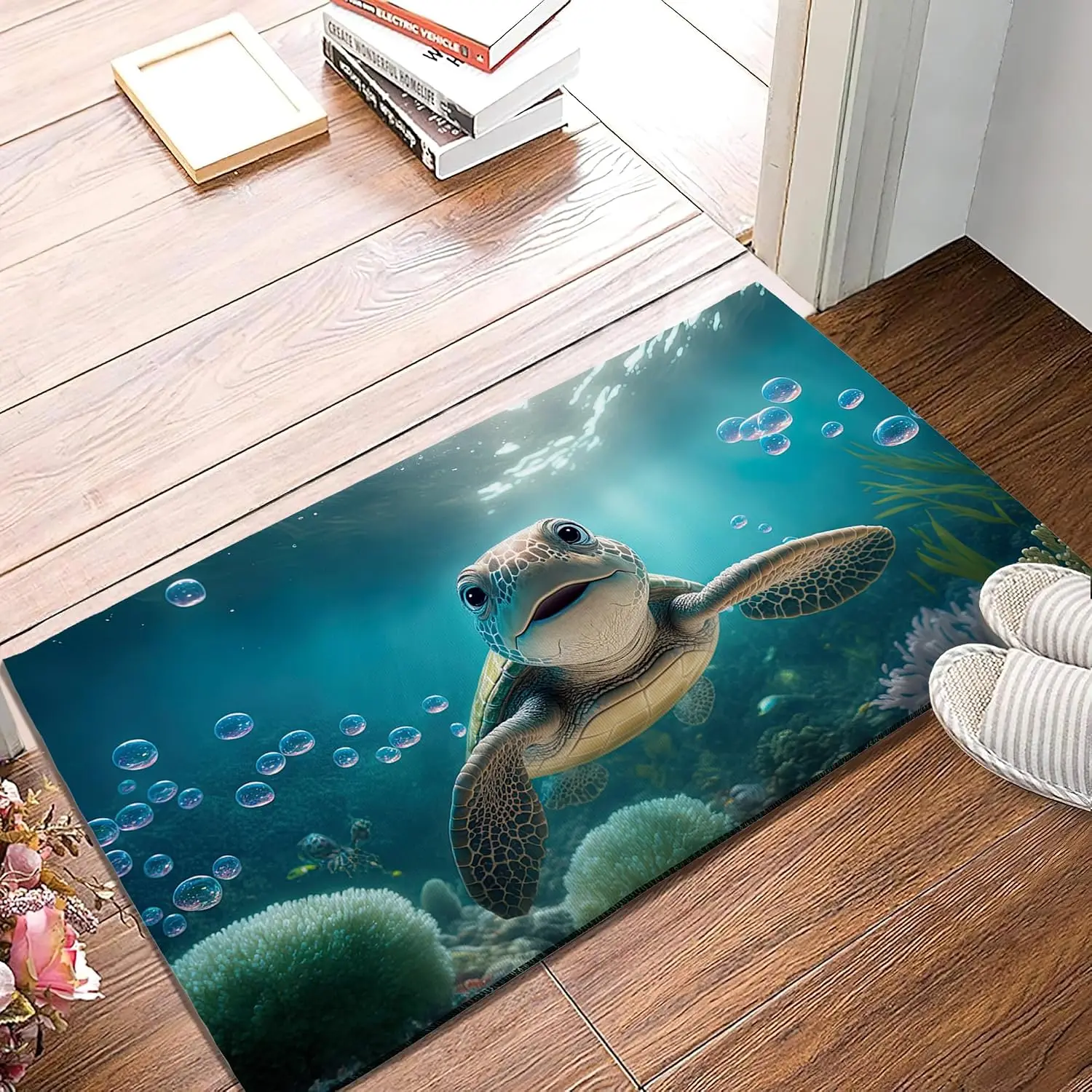 Realistic Sea Turtle Ocean Print Polyester Runner Mat for Bathroom Kitchen or Bedroom Home Decor Nautical Tropical Aquarium Area
