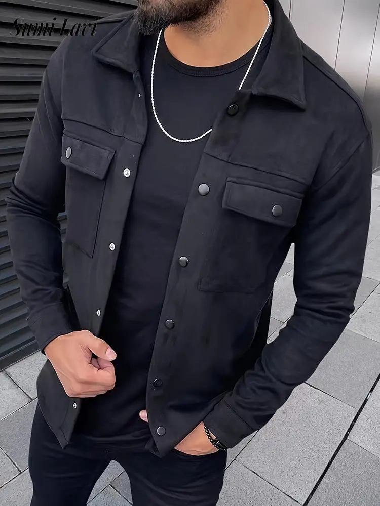 

2026, весенне-осенняя мужская модная верхняя одежда, куртка-карго с длинными рукавами и карманами на пуговицах, мужские стильные однотонные замшевые пальто, уличная одежда