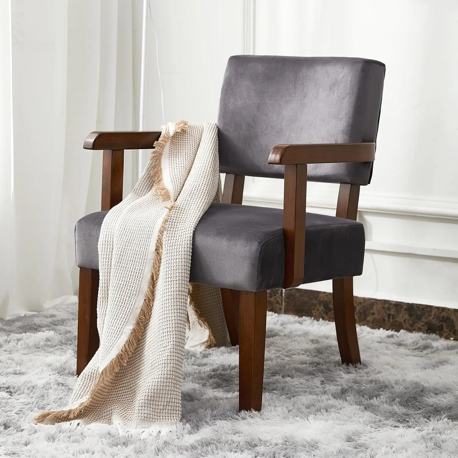 Velvet Accent Armchair, Solid Wood Frame & Legs, Soft Cushion, Comfy Chair for Living Room Bedroom Office, Gray, Customized