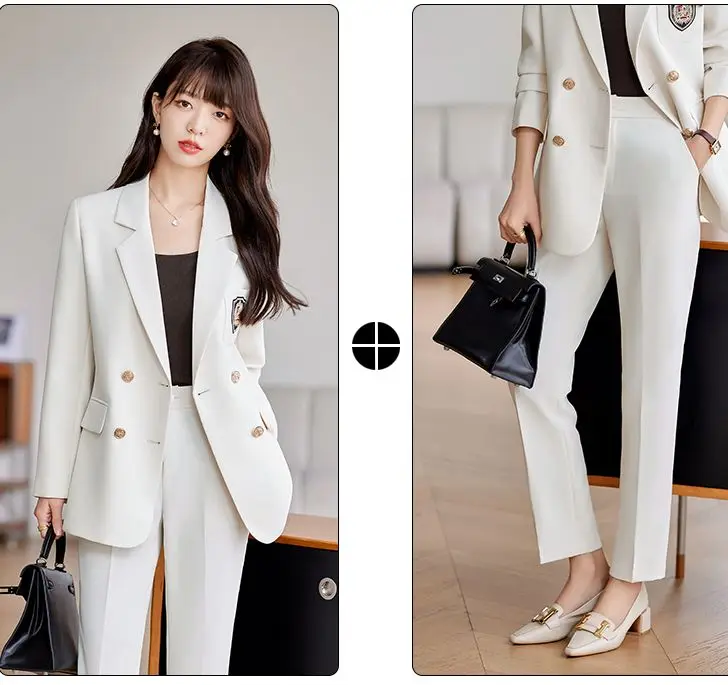 Women Elegant Work Blazer Suit Noted double breasted Jacket Coat Top And Pant Two Piece Set Matching Outfit Office Lady Clothing