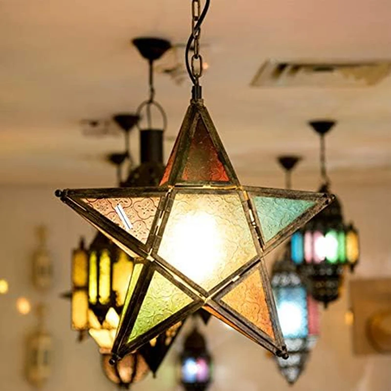 Hanging Candle Lantern,Moroccan Style Glass Five-Pointed Star Shaped Tealight-Holder For Wedding,Garden Yard, Gold Easy Install