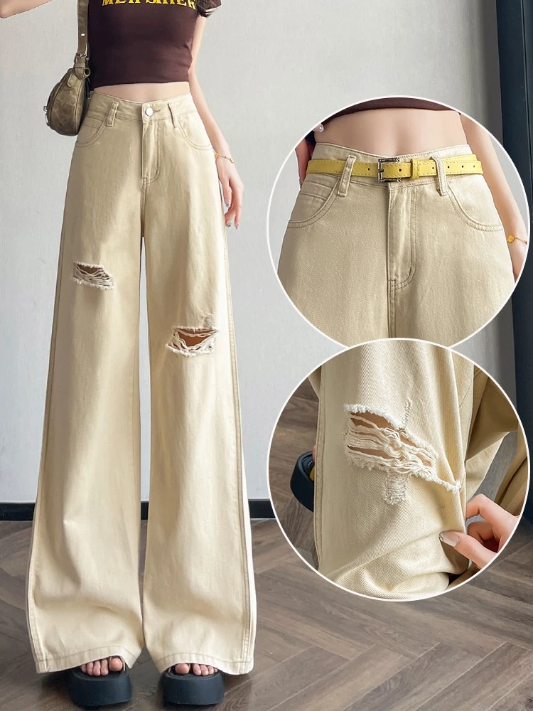 

Apricot ripped wide leg jeans women in summer 2025 loose fit pear shaped figure fashion versatile big foot pants