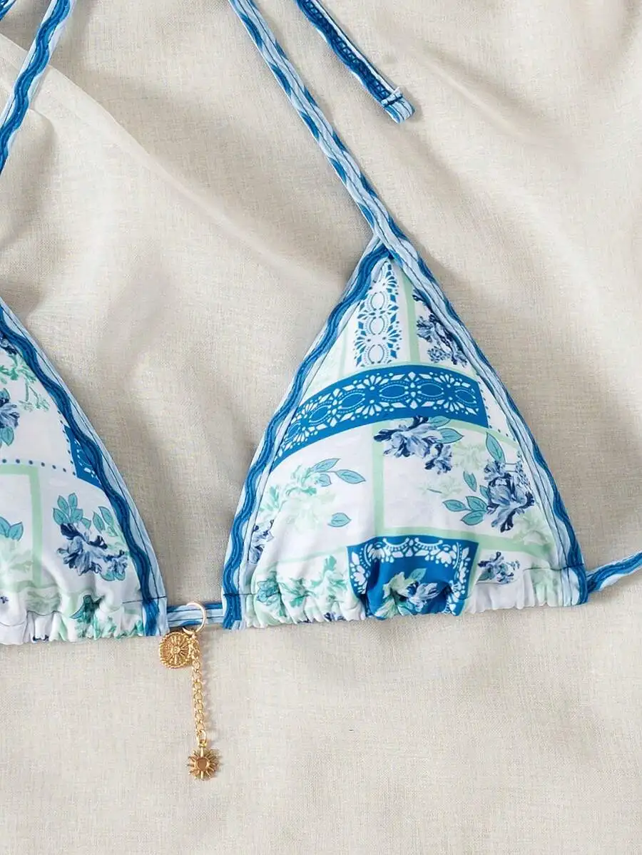 

Women Summer Floral Print Spaghetti Strap Backless Bikini Top For Beach Holiday