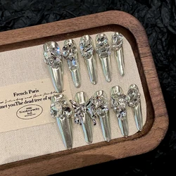10pcs Handmade Magic Mirror Silver Fake Nails Punk Style Glossy Long Almond Press On Nails Full Flash Rhinestone Y2k False Nail