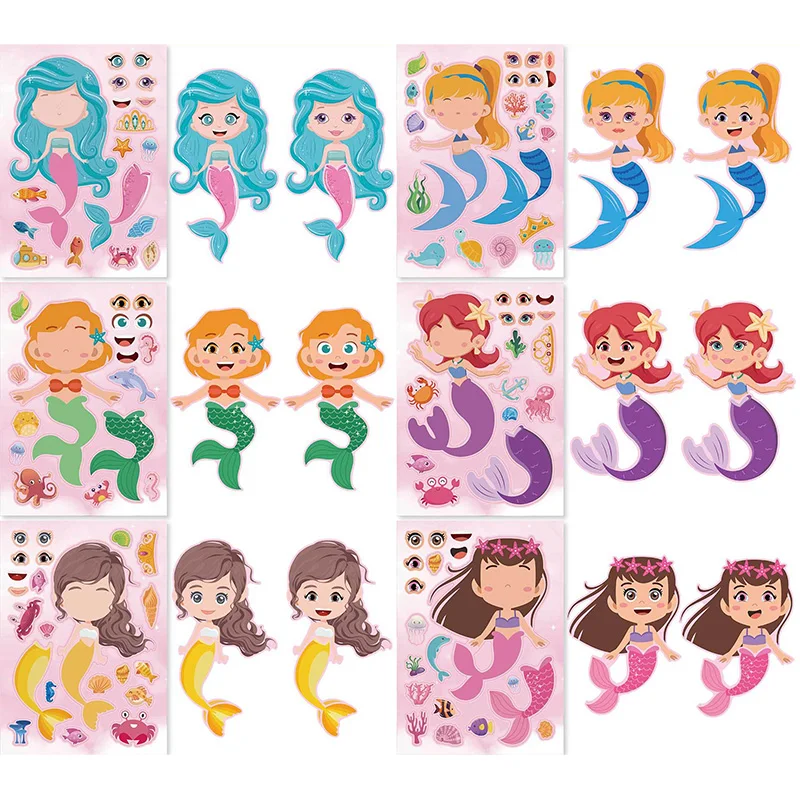 6 Sheets/Set Children DIY Puzzle Sticker Funny Make A Face Handmade Assemble Cute Mermaid Stickers Boys Girls Gift Party Favor