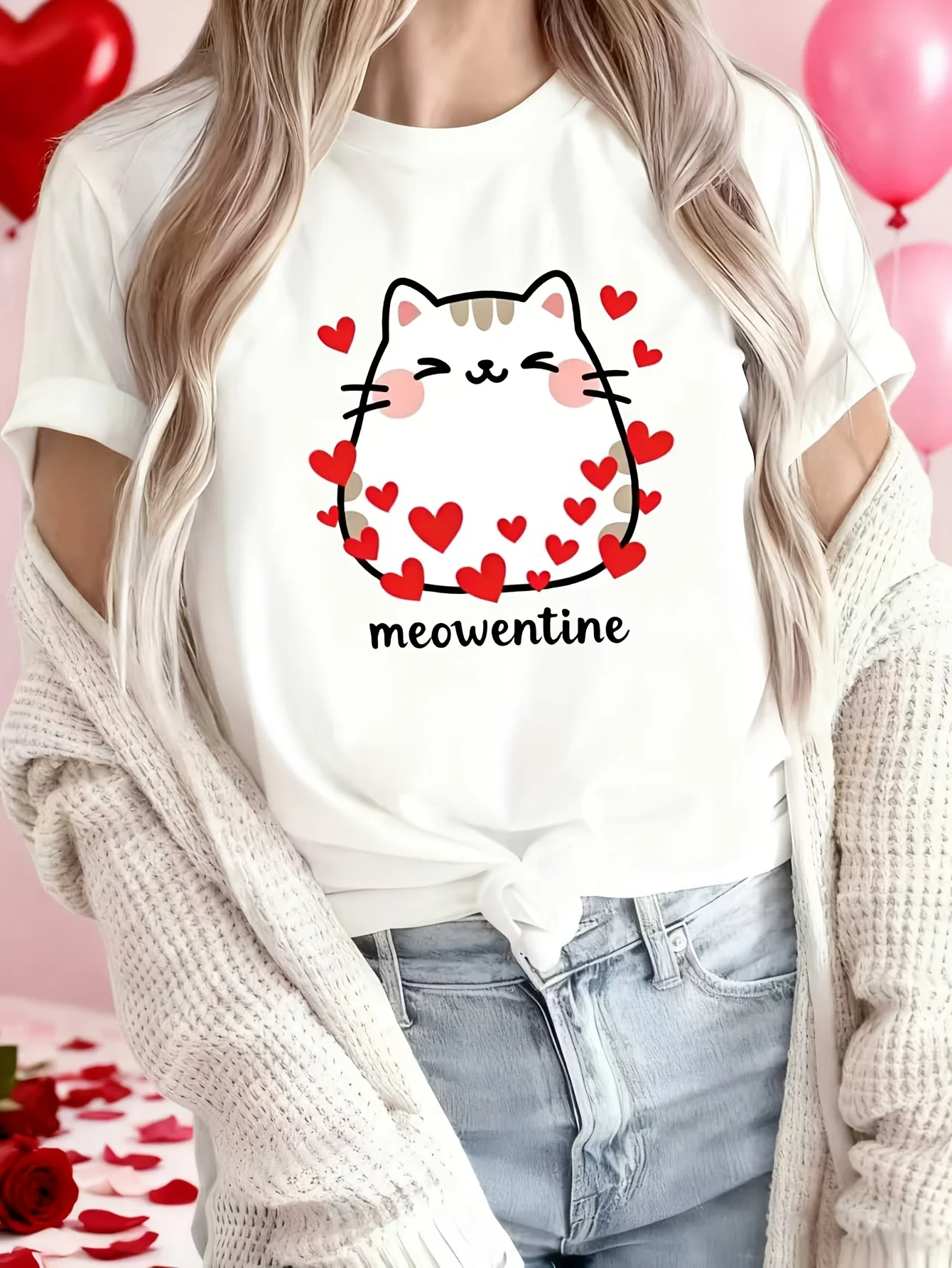

Женская блузка с милым принтом котенка и сердечек на День святого Валентина, с круглым вырезом, весенний подарок для подруг, подходит для весенне-летних образов