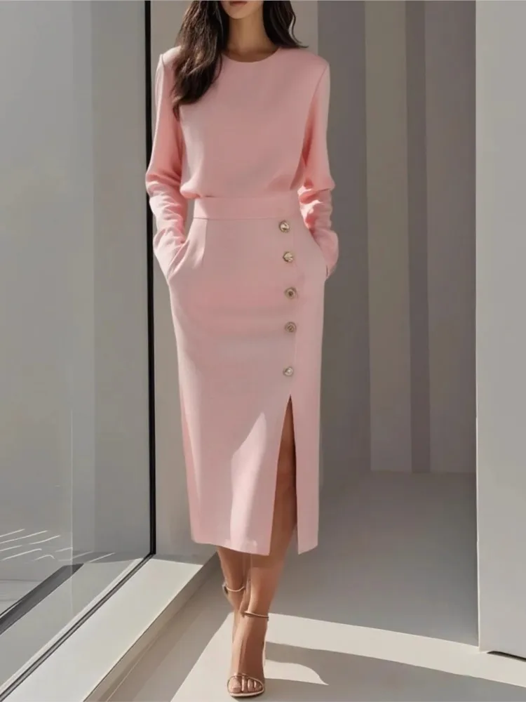 

Elegant Solid-color Button Woman's Dress Fashion O-neck Long Sleeves Fork Slim Vestidos Autumn Winter New Ladies Office Dresses