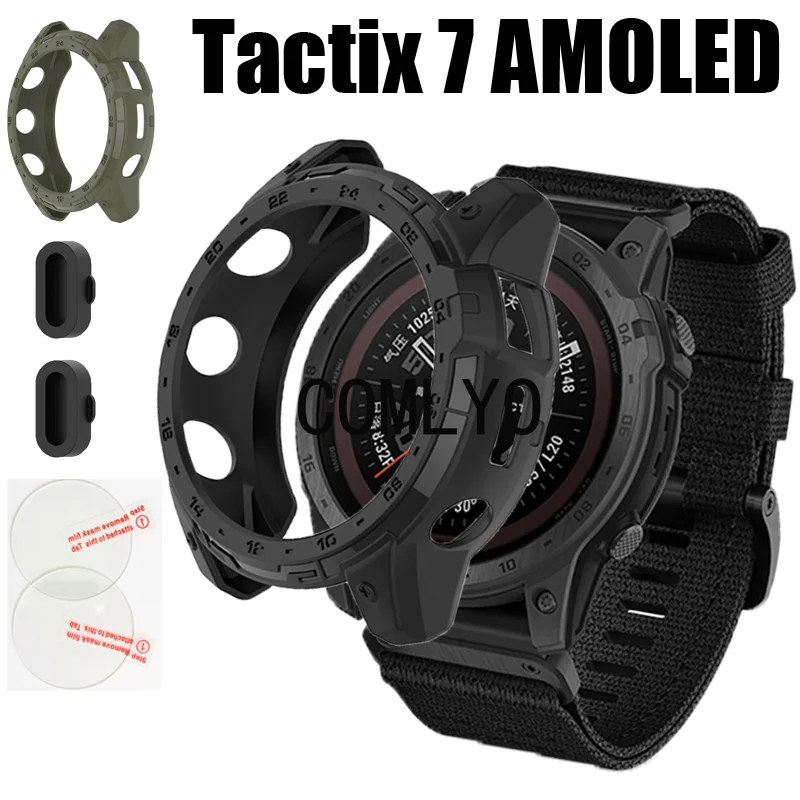 

For Garmin Tactix 7 AMOLED Case TPU Bumper Protective Shell Cover Glass Screen Protector Film Charging Port Dustproof Plug