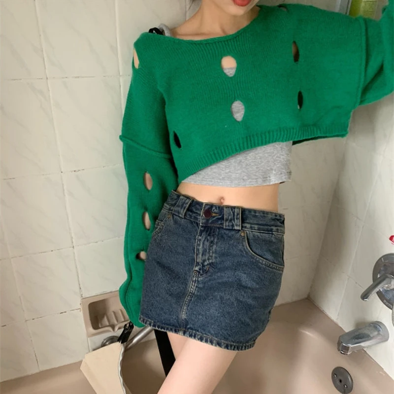 Y2k Kpop Hollow Out Cropped Green Sweater Women Vintage Streetwear Oversize Beige Jumper Korean Egirl Knitwears Female