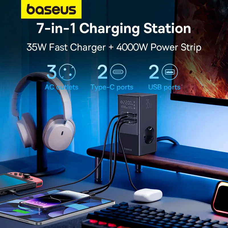 Baseus 35W Fast Charging Digital Power Strip 7-in-1 Charging Station 4000W Rated Power Digital Display For iPhone 14  13 Pro Max