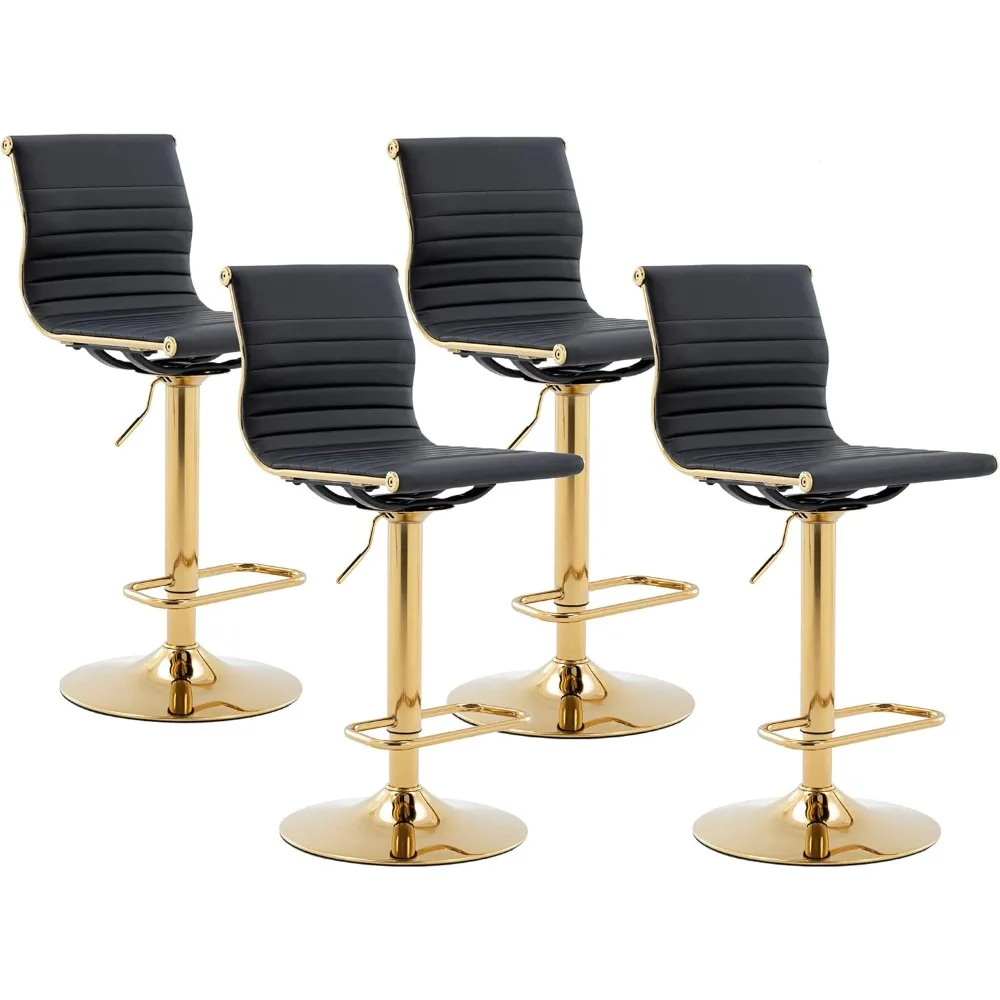 Barstool Height 4 Piece Set Modern Faux Leather Countertop Barstool with Backrest, Suitable (Black with Gold Base, Set of 4)