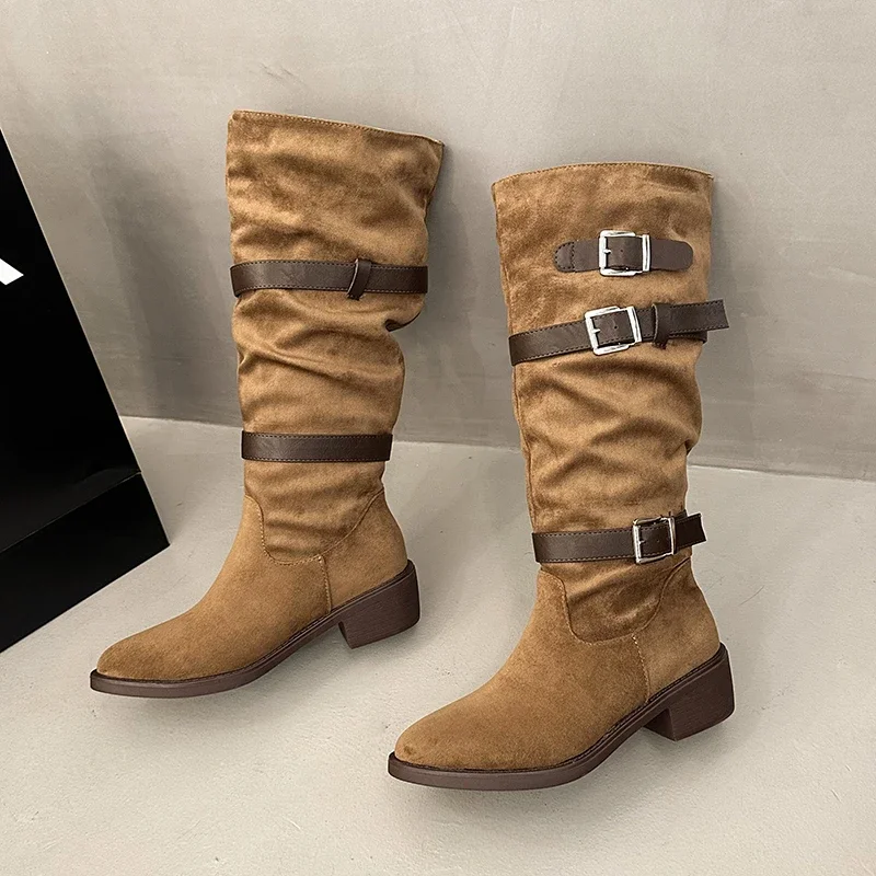 Aliexpress Women's Autumn Winter 2026 No Knee Pleated Heels Pointed Toe Block Heel Belt Buckle Wide Cylinder Girth Boots - Aliexpress Deal