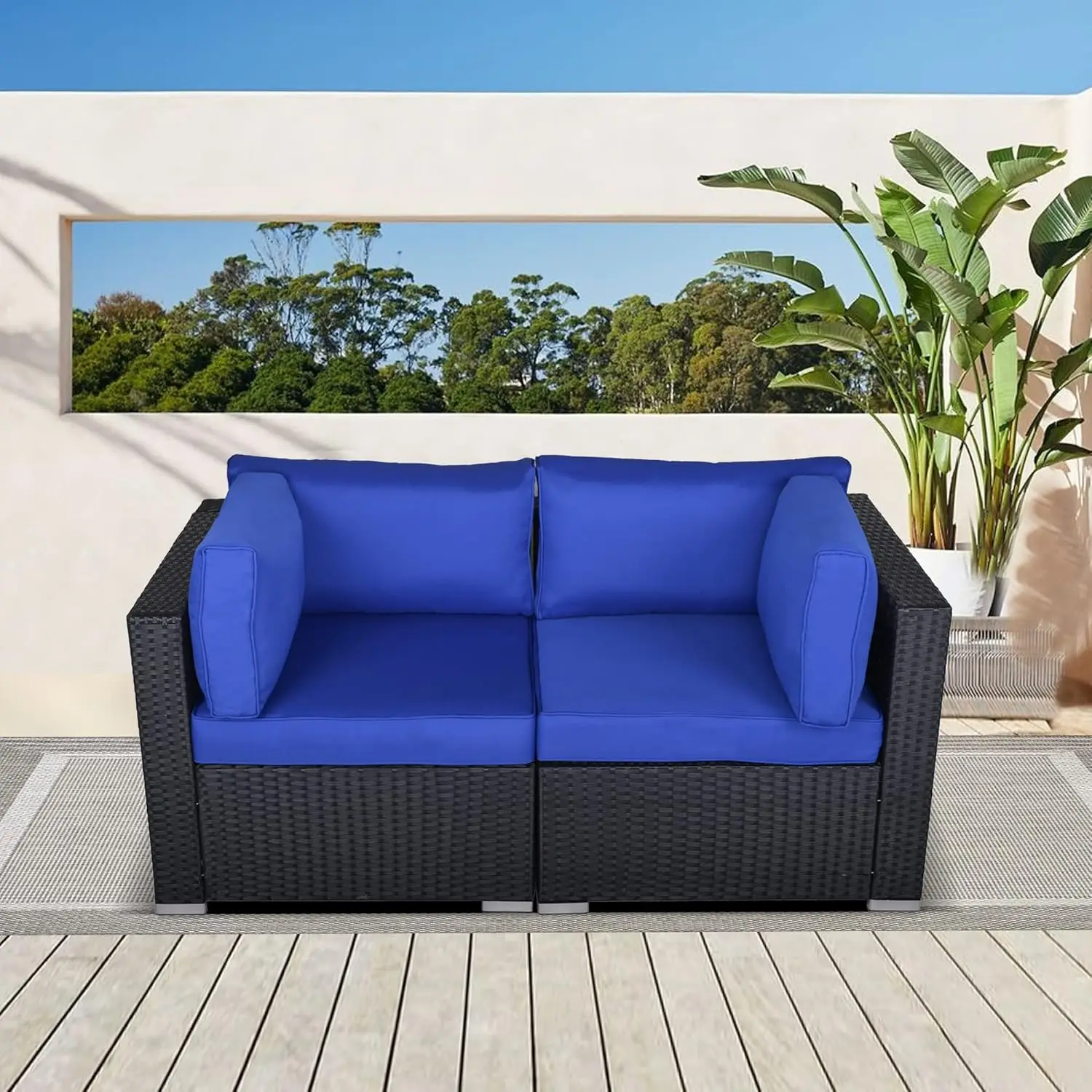 

Patio Loveseat, 2 Piece Wicker Outdoor Sectional Couch with Removable Navy Blue Cushions, Extra Sofa Furniture