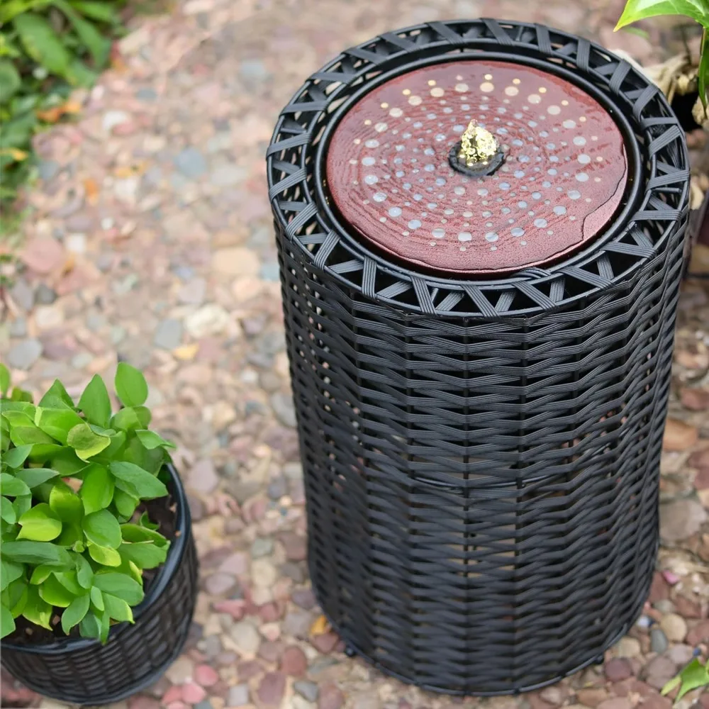 Cylinder Indoor/Outdoor Water Fountain - 20.5-Inch - with Plastic Wicker Design and LED Lights
