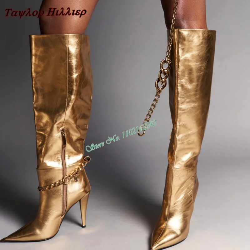 

Chain Decorated Gold Knee-High Boots Autumn And Winter Pointed Toe Stiletto Side Zipper Fashion T Stage Catwalk Boots For Women