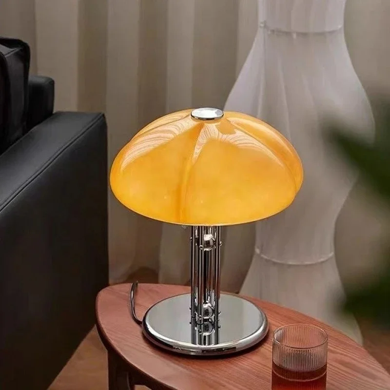 Orange Glass Mushroom Table Lamp Retro Chrome Base LED Bedside Desk Lamp Nordic Ins Ambient Light Bedroom Cafe Home Decor Lamp