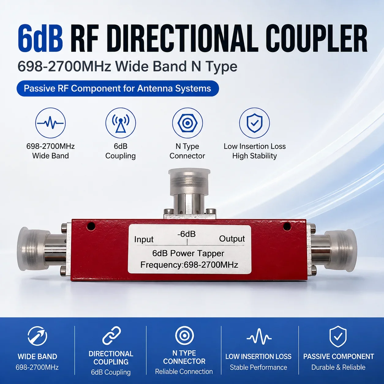6dB Wide Band RF Directional Coupler 698-2700MHz N Type Signal Divider Passive Component for Antenna Distribution