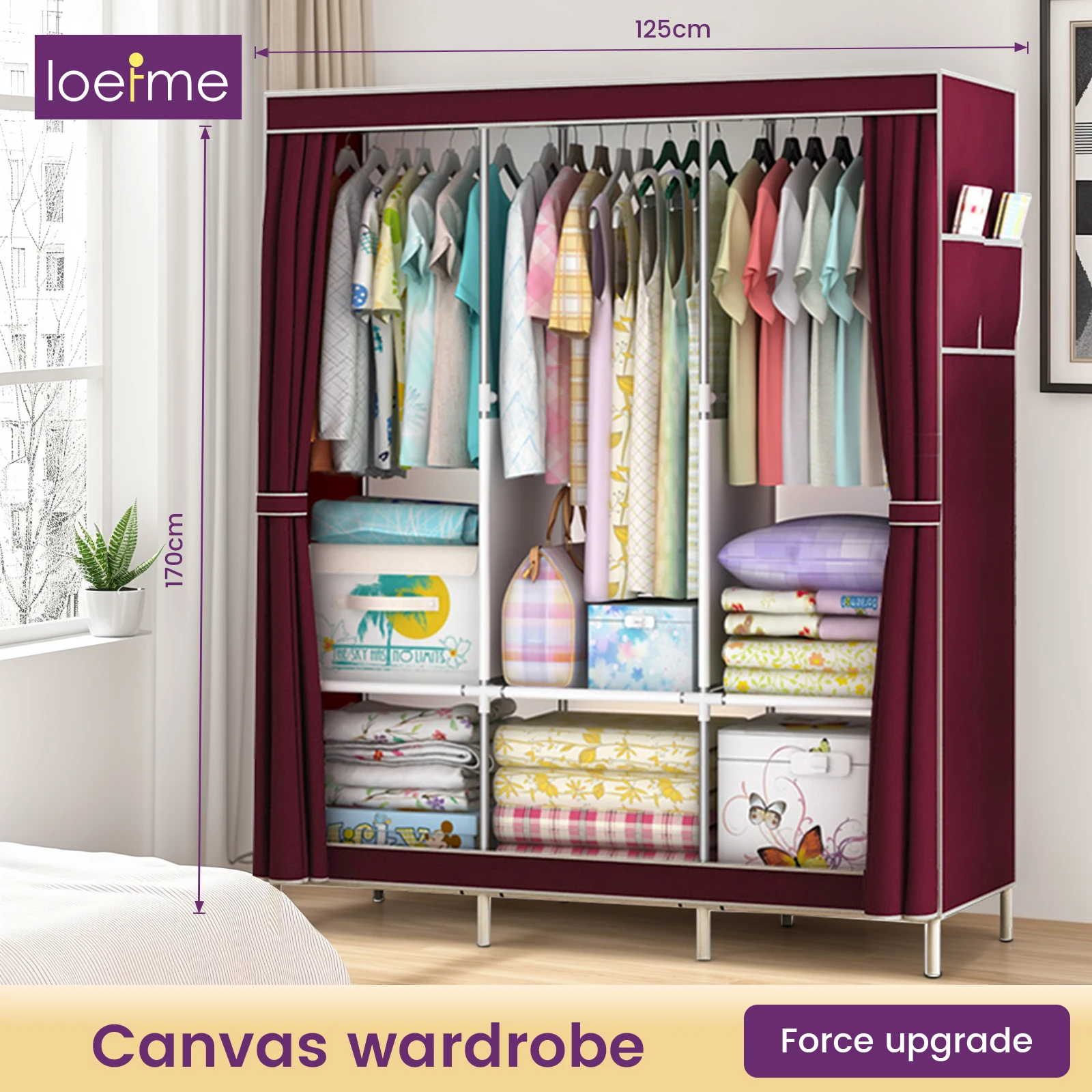 Canvas Wardrobe 170x125x45cm, Wardrobes for Bedroom,with 3 Hanging Rails and 3 storage compartments,13mm Tubes Fabric Closet,Red