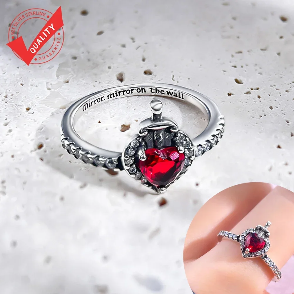 Sterling Silver S925 Red Heart Magic Love Rings Shiny Zircon Villains Evil Queen Ring for Women Fine Exquisite Jewelry Gift