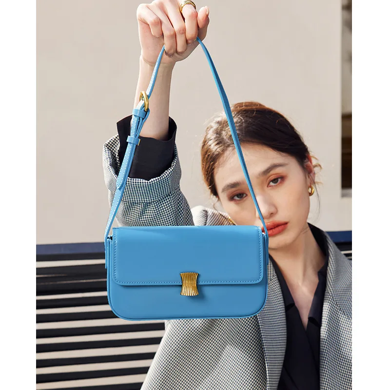 ZR DIARY Underarm Bag Women Split Leather Single Shoulder Bag Metal Decor Crossbody Small Square Bag 9031