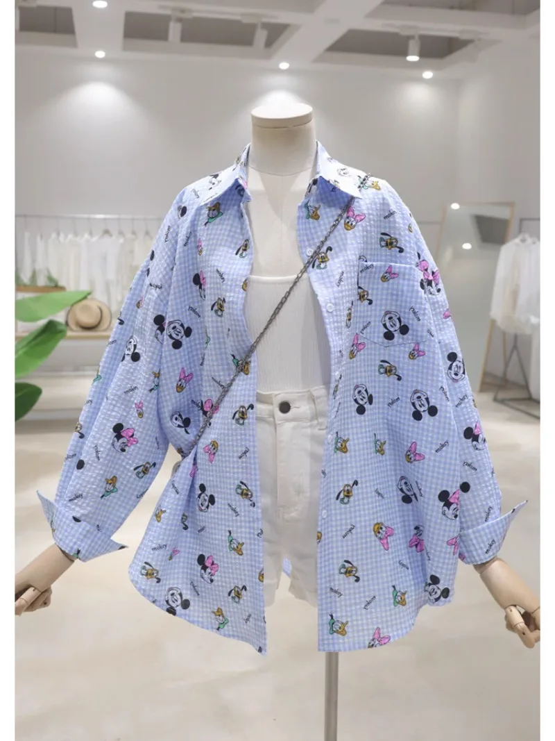 Breathable Age-Reducing Full Body Cartoon Blouse 2024 Summer Loose Mid-Length Plaid Long Sleeved Single-breasted Shirt For Women