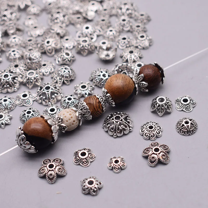 Waga 20 g/worek tybetański antyczne srebro kolor metalowe koraliki czapka kwiat koralik dystansowy nakładki końcowe do tworzenia biżuterii DIY bransoletka Charms