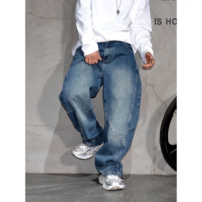 

American Vintage Washed Blue Curved Wide Leg Jeans Men, Youth Trendy Casual Loose Straight Denim Pants