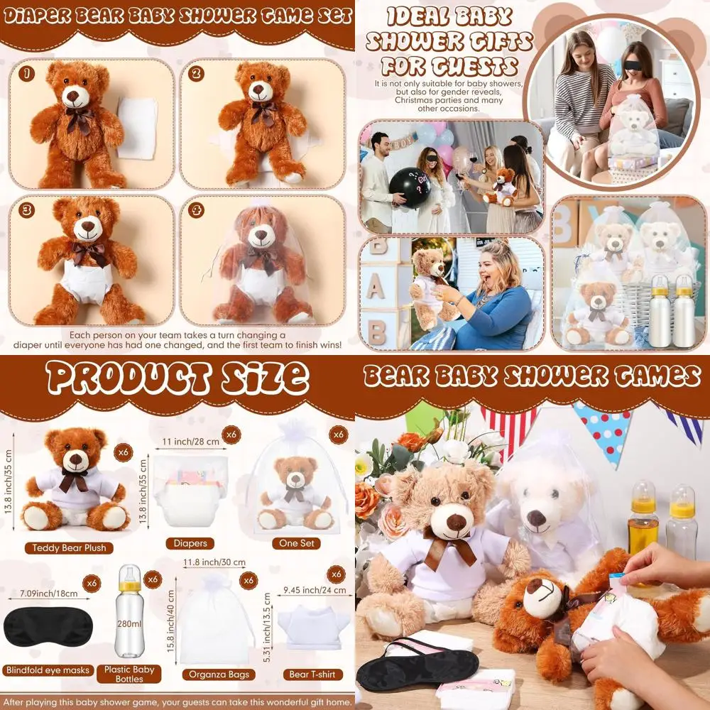 

14 Plush Bears with Diapers, Bottles, and Shirts for Gender Reveal Shower Games and Prizes (Khaki, Brown, Beige)