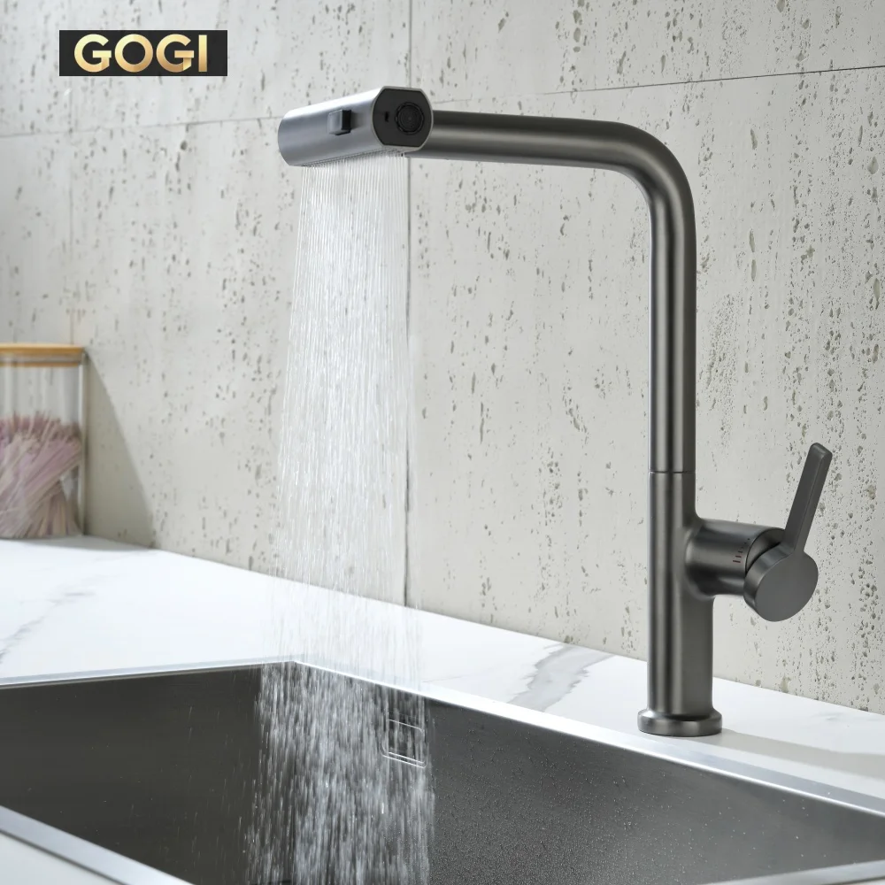 GOGI Solid Brass Gunmetal Gray Pull‑Out Kitchen Faucet 360°Rotatable Body Ceramic Valve Core 3 Water Modes Hot Cold Water Mixer