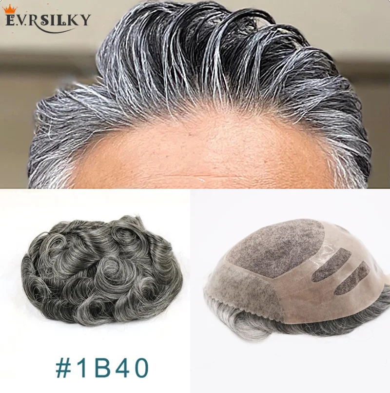 Peluca cómoda para hombre, accesorio con parte superior de encaje con reemplazo de NPU, sistema de prótesis gris, pelo blanco y gris, cabello humano 100% duradero