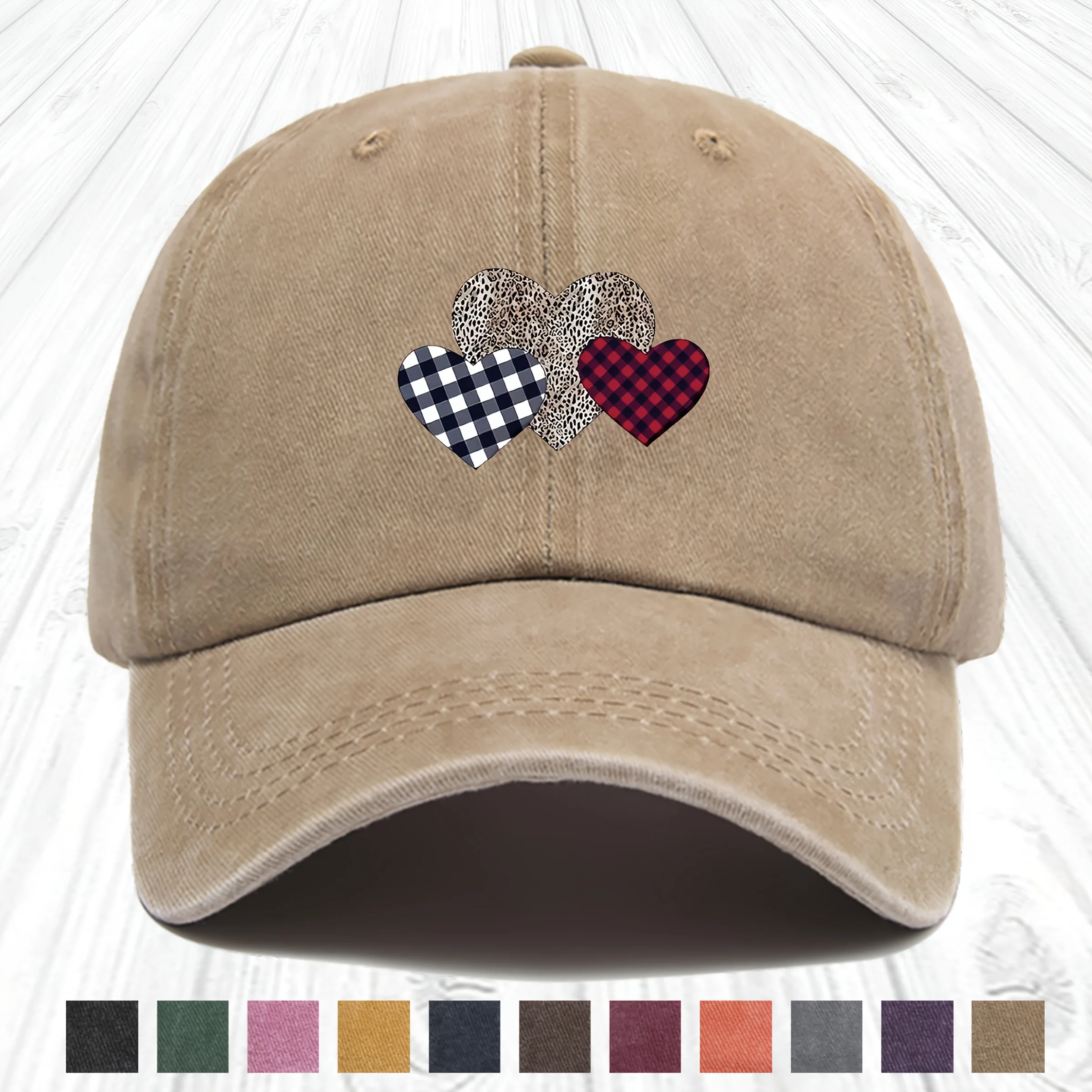 Leopard Plaid Hearts Baseball Cap Unisex Washed Cotton Outdoor Adjustable Dad Hat Valentine Gift