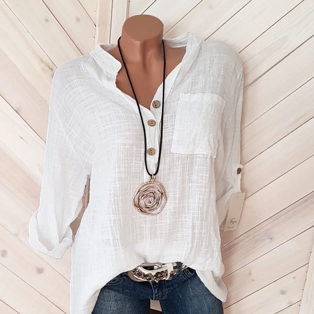 

Women's Cotton Linen Shirt Solid Color V-neck Pocket Temperament Commuter Women's Long-sleeved Top Chemise Femme Blouses