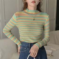 Striped Sweater For Women Autumn Winter Half High Collar Pullovers Knitted Tops Female Long Sleeve Casual Slim Jumper Sweaters