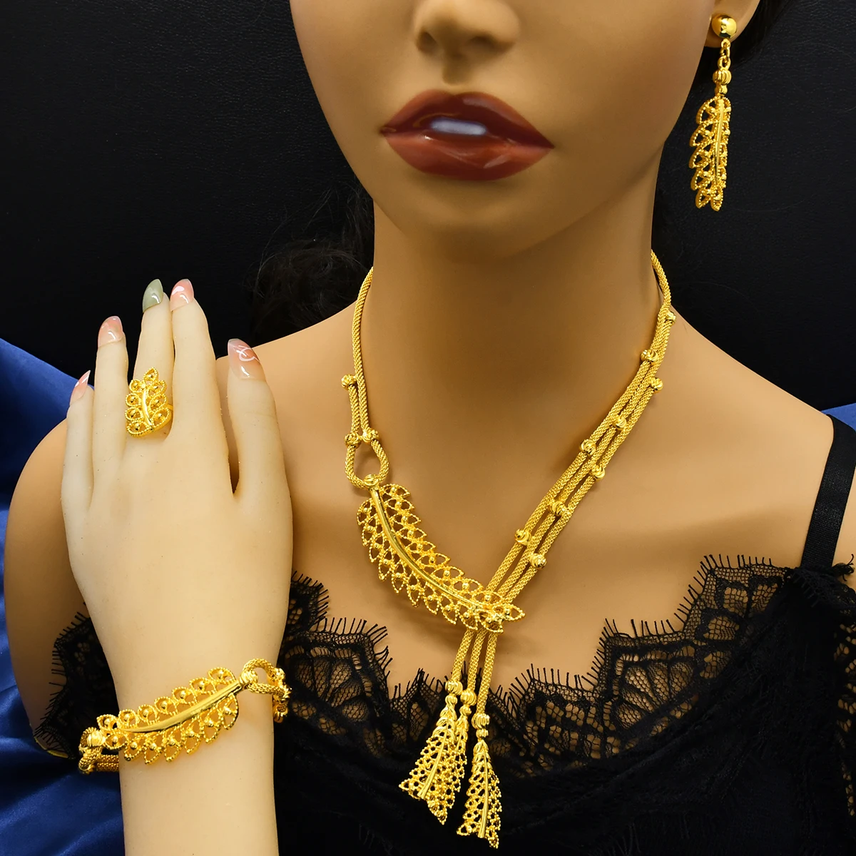 ANIID Dubai African 24K Gold Plated Copper Necklace Sets For Woman Moroccan Wedding Ethiopian Arab Jewelry Set Bridal Gifts New