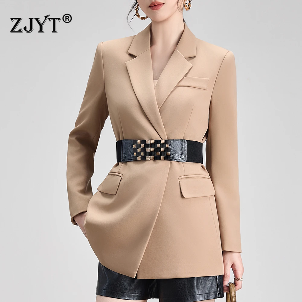 ZJYT Elegant Chic Notched Long Blazers for Women Autumn New 2026 Korean Fashion Plus Size Office Jackets Coats Khaki Outerwears
