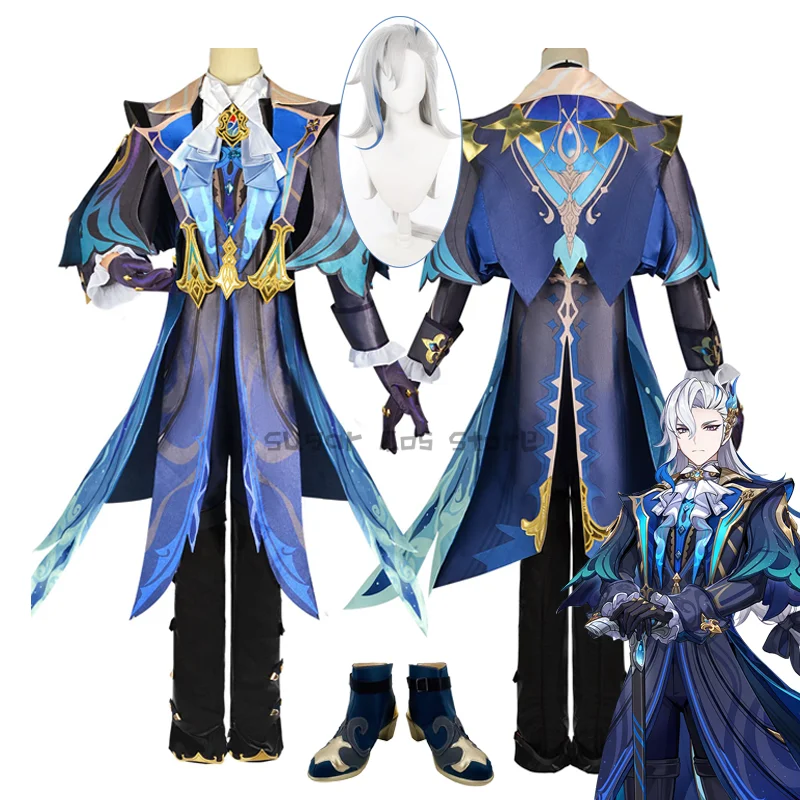 Game Genshin Impact Neuvillette Cosplay Costume Fontaine Uniform Wig Halloween Carnival Party Outfit Costume Women Men Custom