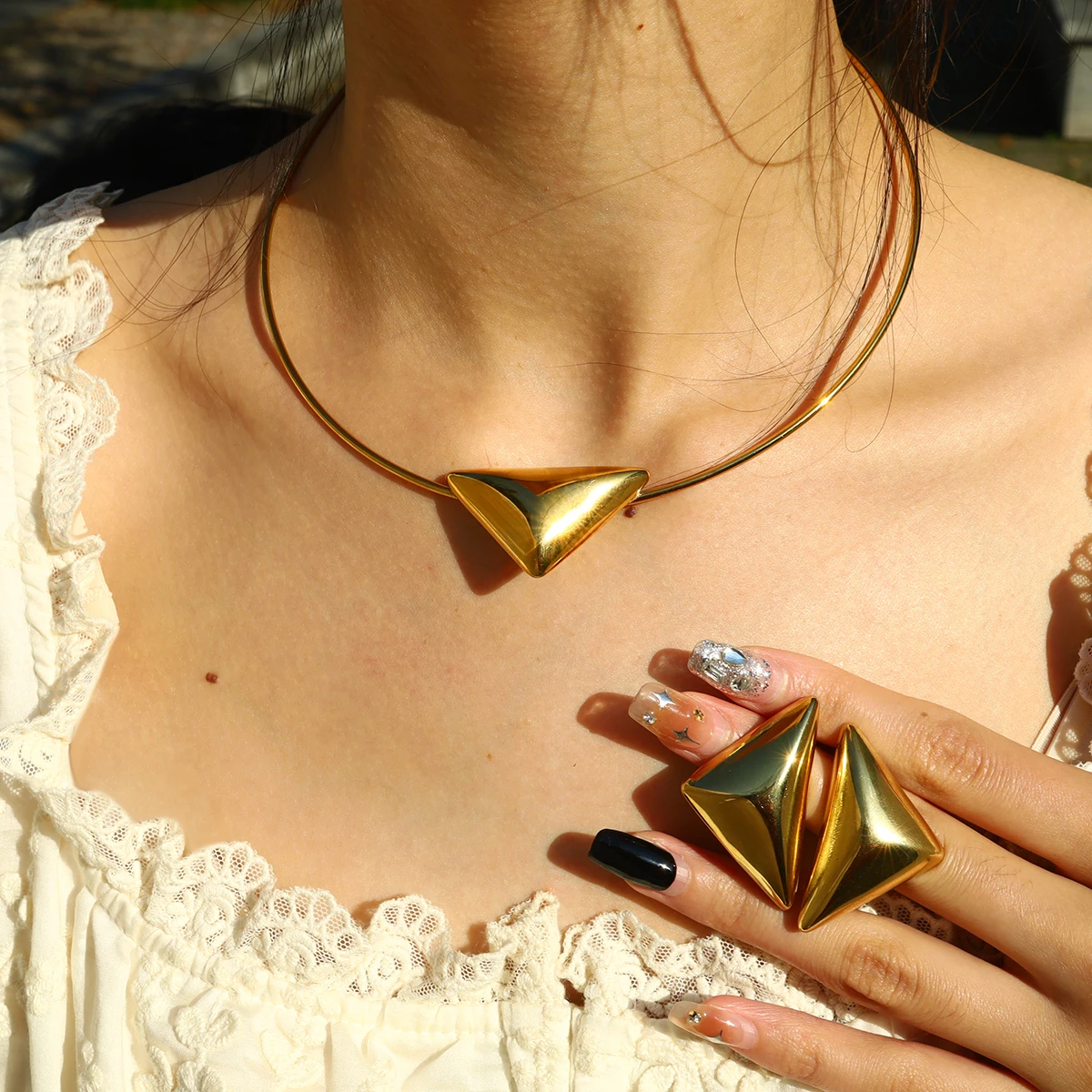 

WILD & FREE Geometric Triangle Stainless Steel Stud Earrings Choker Necklace for Women Trend Statement Jewelry Set