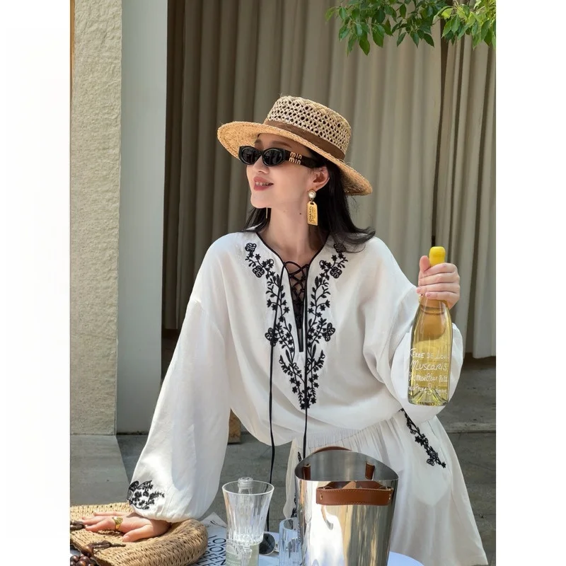 

Boho Chic Embroidered Linen Set Onepire "Stitching Lotus" 0W Faionable Summer Outfit for Women Adult Size