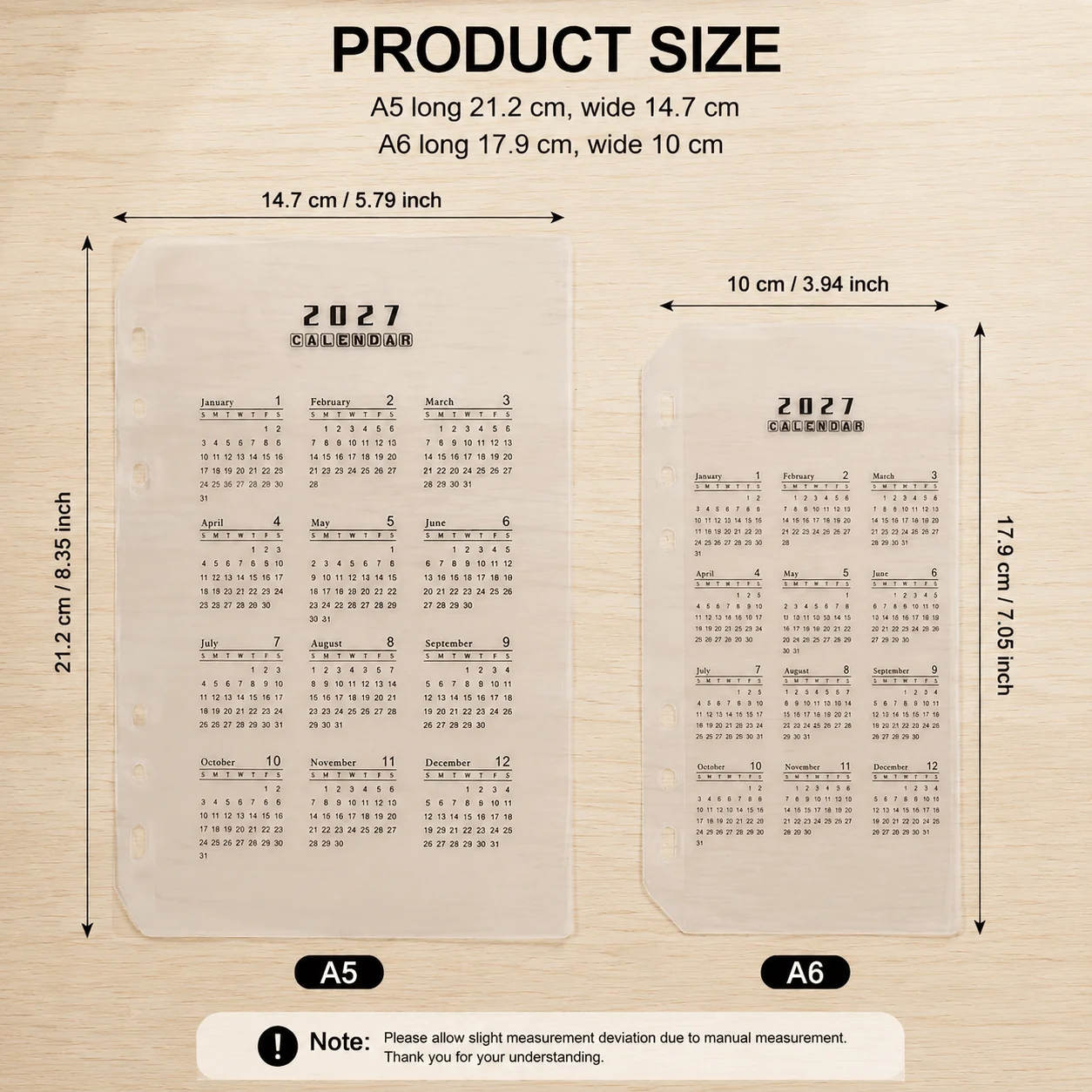 2027 Calendar Divider Page Year Calendar Insert Page for 6 Holes Loose-Leaf Notebook Journal Planner Office School Stationery