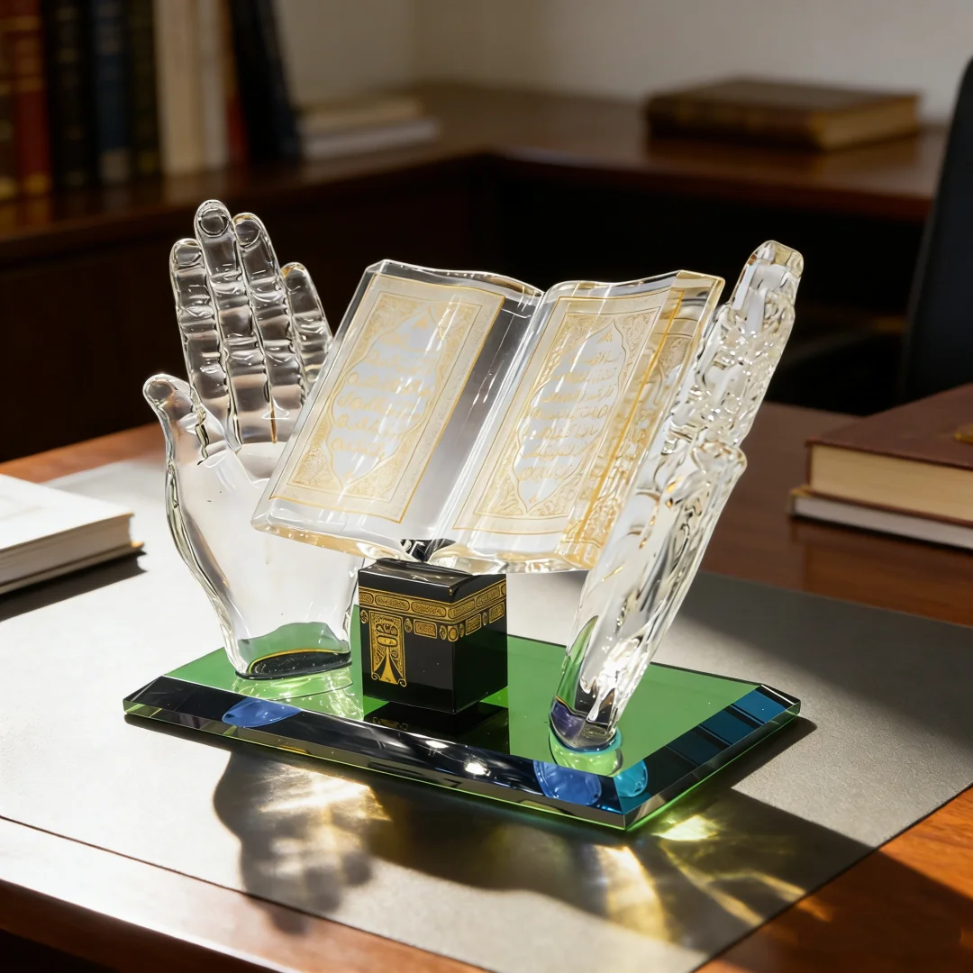 Solid resin ornament shaped as hands holding books with widened anti-slip base, craft for office faith commemoration
