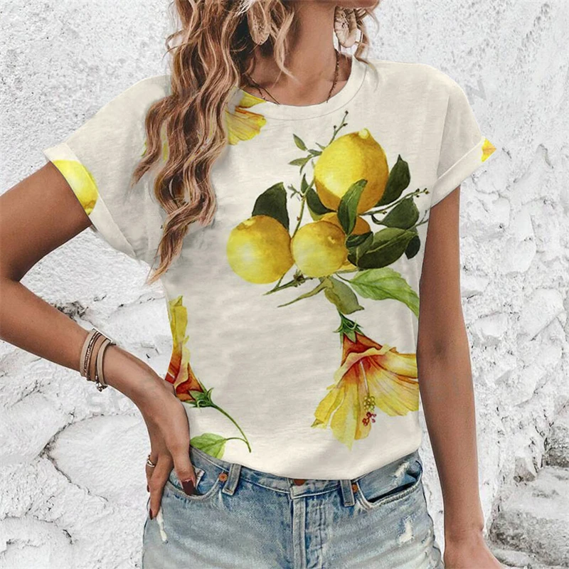 2024 New 3D Tropical Fruit Lemon Print Tops For Women Comfortable T-shirt Female Fashion Short Sleeve Tshirt Ladies Clothing