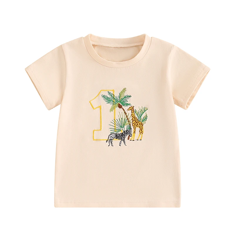 Toddler Birthday T-Shirt Animal Number Embroidery Round Neck Short Sleeve Tops for Little Boy Girl