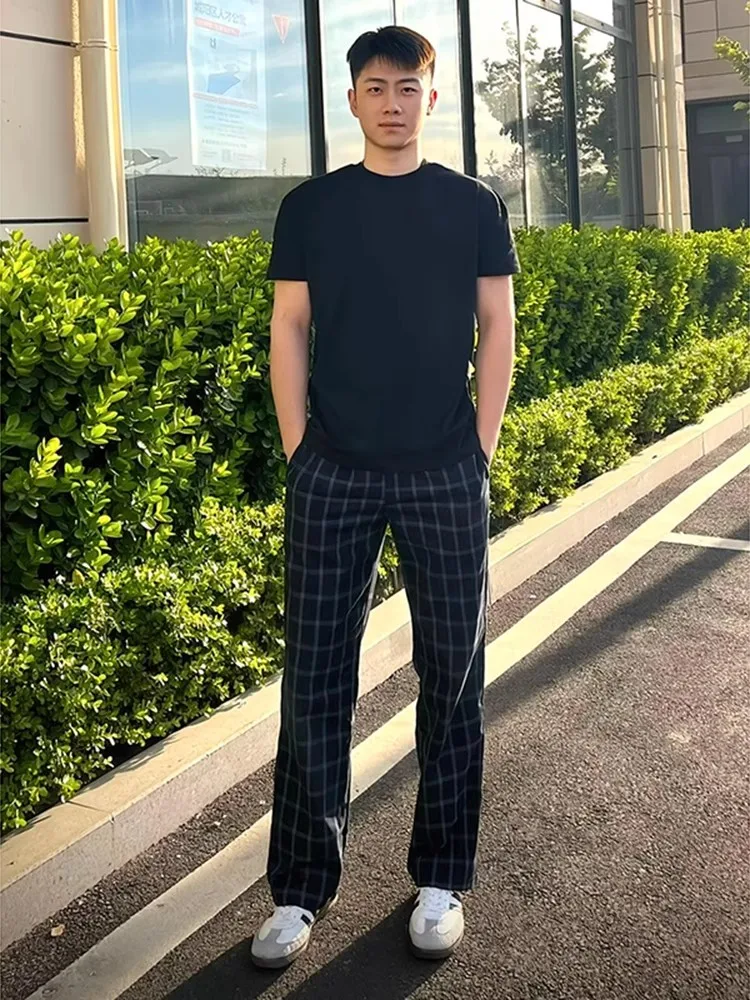 

Trendy Plaid Straight Leg Casual Pants Men Women Summer High Street Loose Fit Zipper Waist Long Trousers Youth Active Style