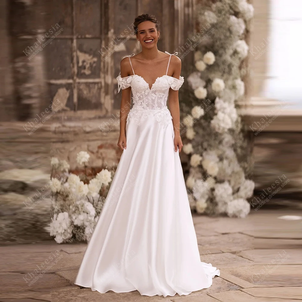 

Charming Wedding Dresses A Line Satin Bridal Gowns Lace Appliques Off The Shoulder Robes High Slit Vestidos De Novia Customized