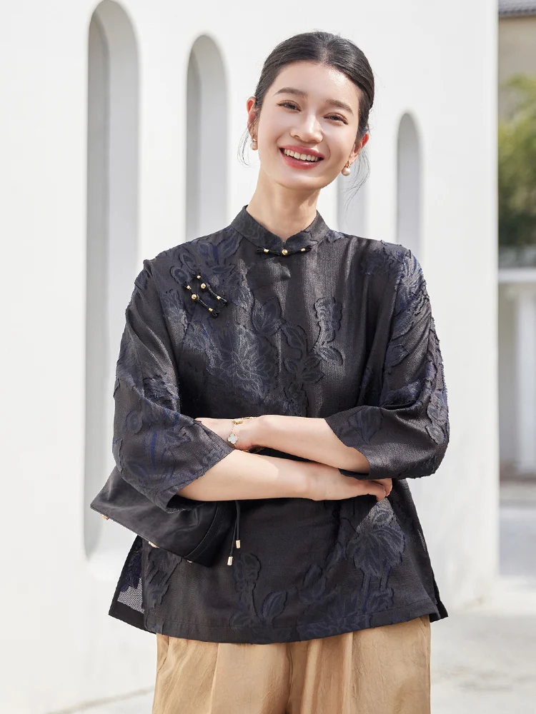 

Пересмотренный шелковый костюм для женщин, китайский винтажный косой воротник для похудения, модный костюм Тан с цветочным принтом...