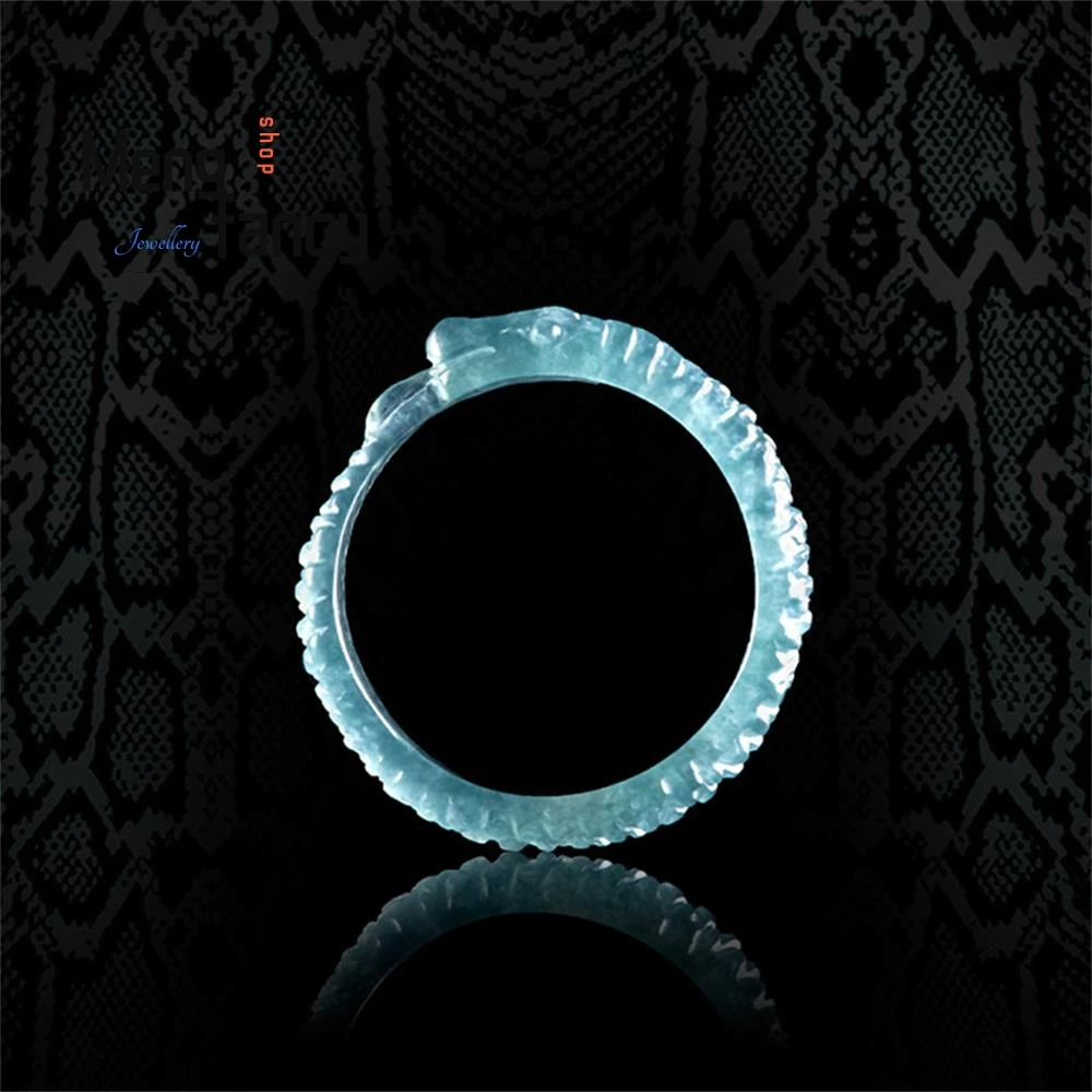 High-grade Natural A-goods Jadeite Blue Water Spirit Snake Ring Three-dimensional Carving  Jade Finger Ring Men And Women Ring